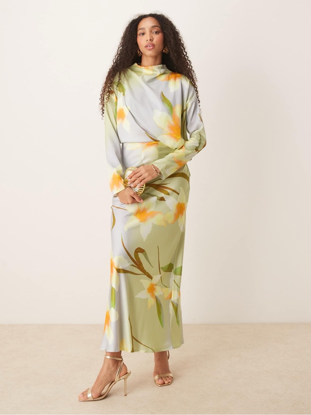 ASOS DESIGN high neck bias cut maxi satin dress in yellow floral print